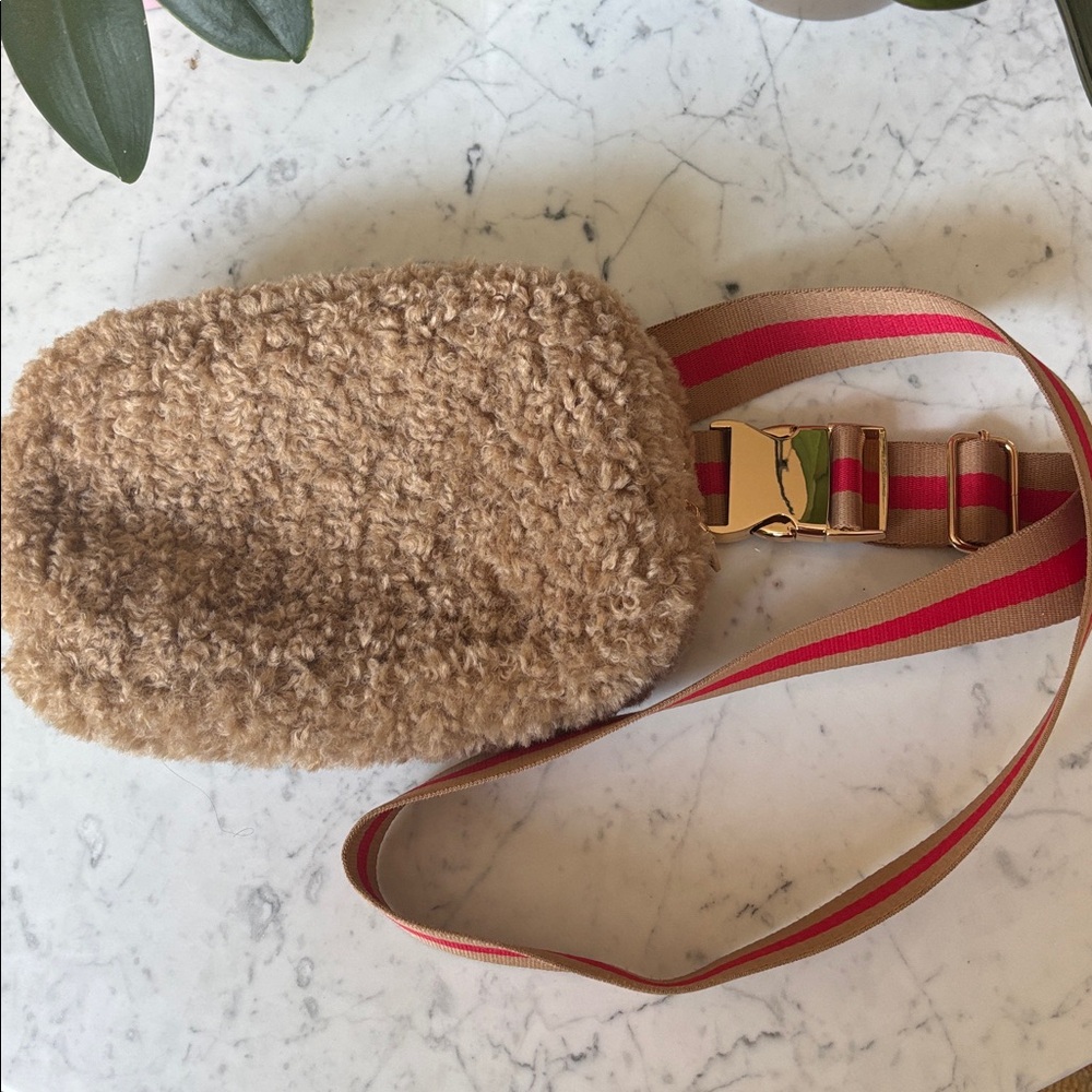 Anthropologie Tan Fuzzy Belt Bag with Red Strap